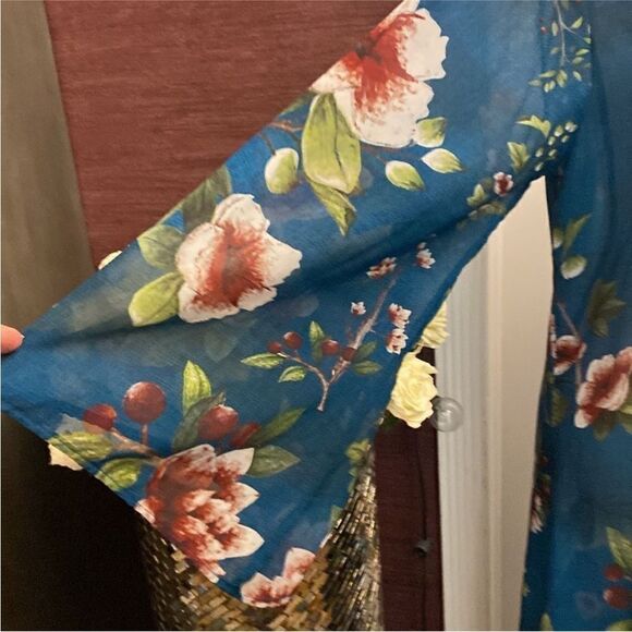 Agua Bendita Blue and Green peacock  print Kimono, one size - Picture 5 of 9